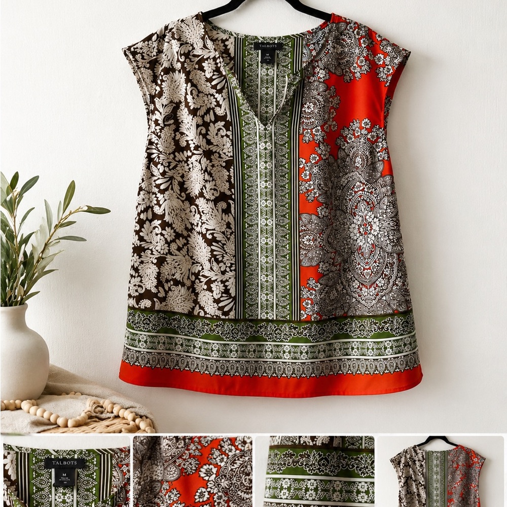 Talbots Red, Olive & Cream Printed Sleeveless V-Neck Top